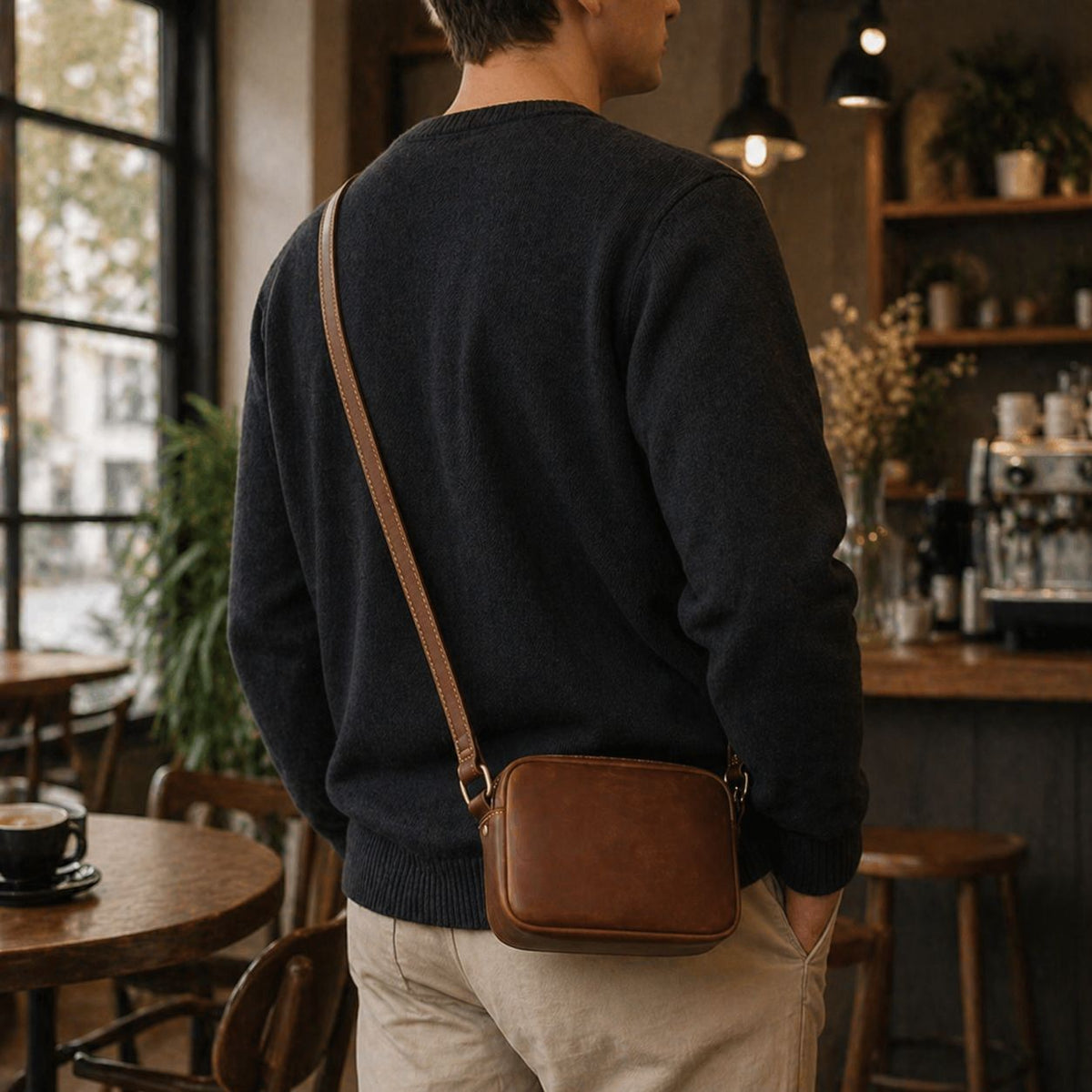 Men’s Full Grain Leather Mini Messenger Bag – Vintage Leather Crossbody Bag for Men, Compact Everyday Carry Shoulder Bag, Brown Leather EDC Bag