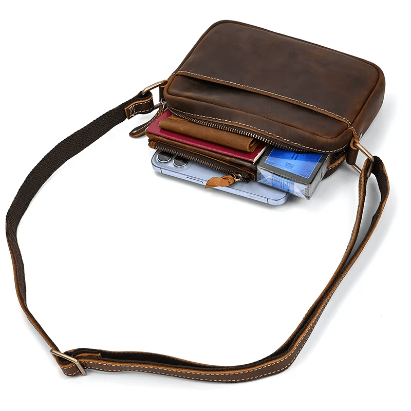 Men’s Full Grain Leather Mini Messenger Bag – Vintage Leather Crossbody Bag for Men, Compact Everyday Carry Shoulder Bag, Brown Leather EDC Bag