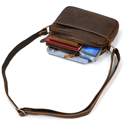 Men’s Full Grain Leather Mini Messenger Bag – Vintage Leather Crossbody Bag for Men, Compact Everyday Carry Shoulder Bag, Brown Leather EDC Bag