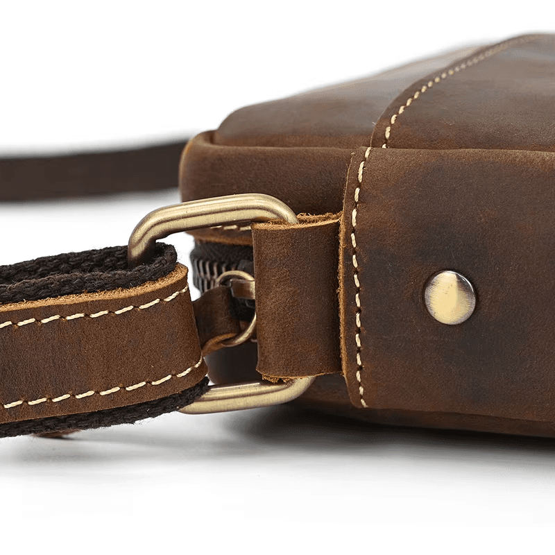 Men’s Full Grain Leather Mini Messenger Bag – Vintage Leather Crossbody Bag for Men, Compact Everyday Carry Shoulder Bag, Brown Leather EDC Bag