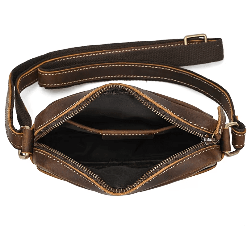 Men’s Full Grain Leather Mini Messenger Bag – Vintage Leather Crossbody Bag for Men, Compact Everyday Carry Shoulder Bag, Brown Leather EDC Bag