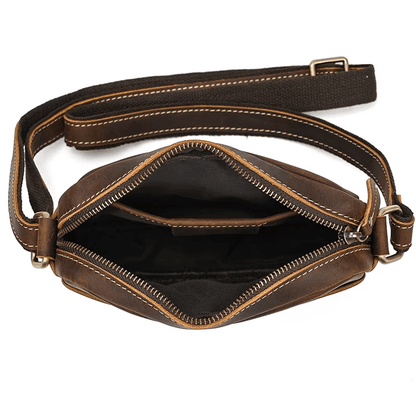 Men’s Full Grain Leather Mini Messenger Bag – Vintage Leather Crossbody Bag for Men, Compact Everyday Carry Shoulder Bag, Brown Leather EDC Bag