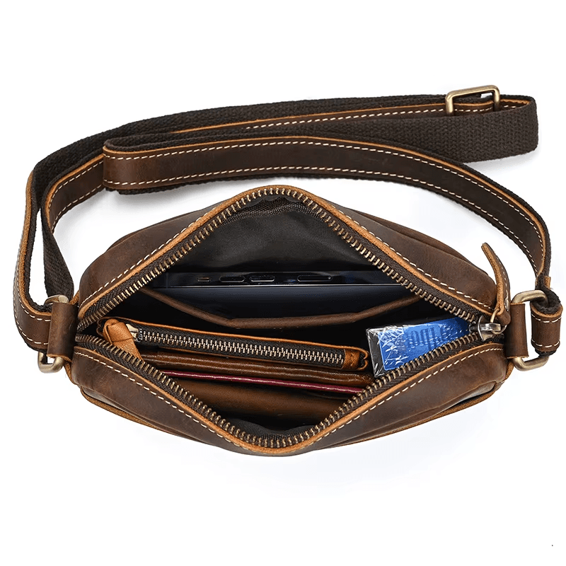 Men’s Full Grain Leather Mini Messenger Bag – Vintage Leather Crossbody Bag for Men, Compact Everyday Carry Shoulder Bag, Brown Leather EDC Bag