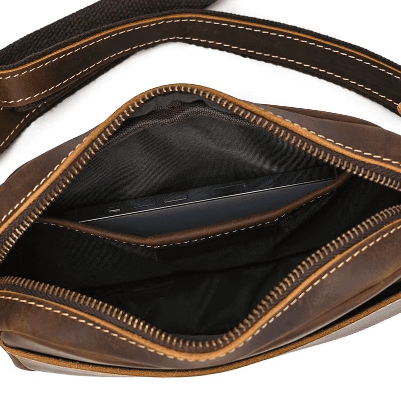 Men’s Full Grain Leather Mini Messenger Bag – Vintage Leather Crossbody Bag for Men, Compact Everyday Carry Shoulder Bag, Brown Leather EDC Bag