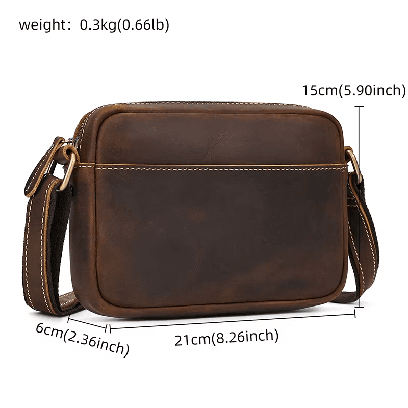 Men’s Full Grain Leather Mini Messenger Bag – Vintage Leather Crossbody Bag for Men, Compact Everyday Carry Shoulder Bag, Brown Leather EDC Bag