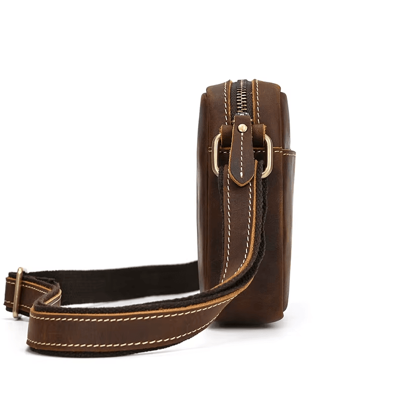 Men’s Full Grain Leather Mini Messenger Bag – Vintage Leather Crossbody Bag for Men, Compact Everyday Carry Shoulder Bag, Brown Leather EDC Bag