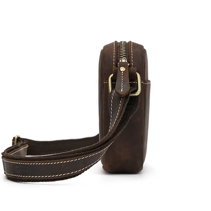 Men’s Full Grain Leather Mini Messenger Bag – Vintage Leather Crossbody Bag for Men, Compact Everyday Carry Shoulder Bag, Brown Leather EDC Bag