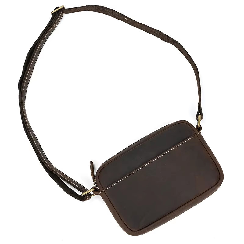 Men’s Full Grain Leather Mini Messenger Bag – Vintage Leather Crossbody Bag for Men, Compact Everyday Carry Shoulder Bag, Brown Leather EDC Bag