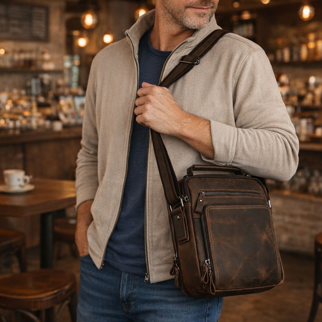 Genuine Leather Messenger Bag for Men - 9.7" iPad Crossbody Shoulder Bag