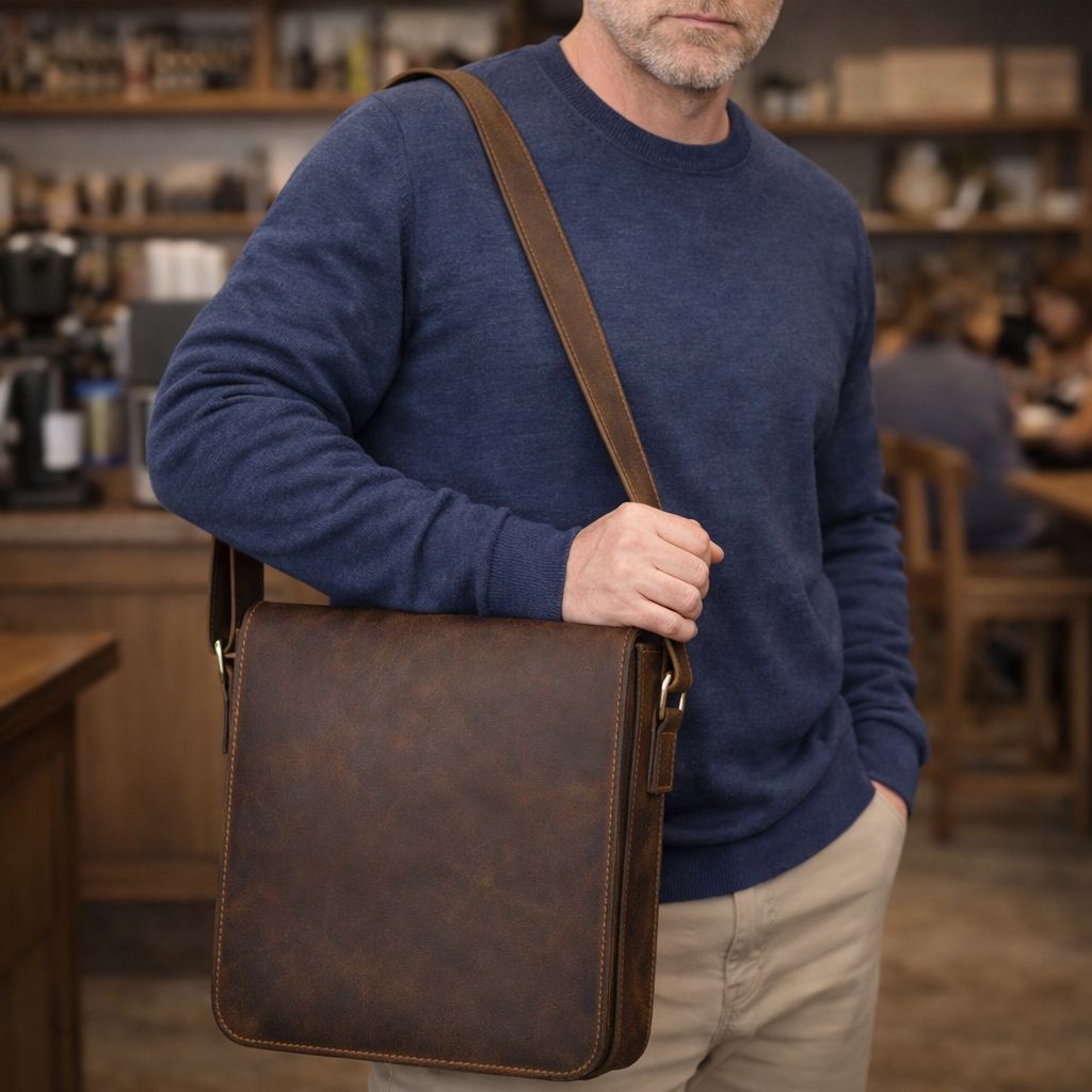 Handmade Mens Brown Leather Messenger Bag