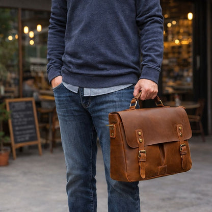 Male Soft Cow Leather Laptop Shoulder Bag